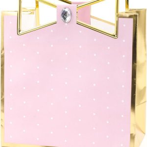 Hallmark Signature 7" Medium Gift Bag (Pink with Gold Border and Metallic Bow) for Mothers Day, Birthdays, Engagements, Valentines Day, Sweetest Day and More