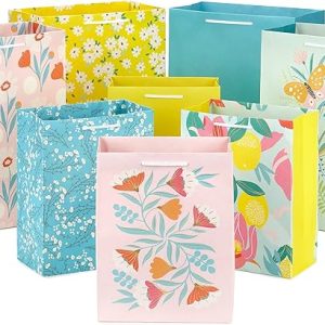 Hallmark Spring Gift Bags in Assorted Sizes (8 Bags: 4 Medium 9", 4 Large 13") Florals, Lemons, Teal, Pink and Yellow for Easter, Birthdays, Mother's Day, Bridal Showers