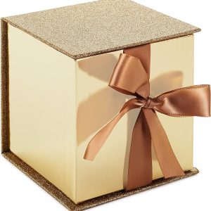 Hallmark Small Gift Box with Bow and Shredded Paper Fill (Gold Signature 4 inch Gift Box with Glitter) for Weddings, Graduations, Bridal Showers, Anniversaries, All Occasion