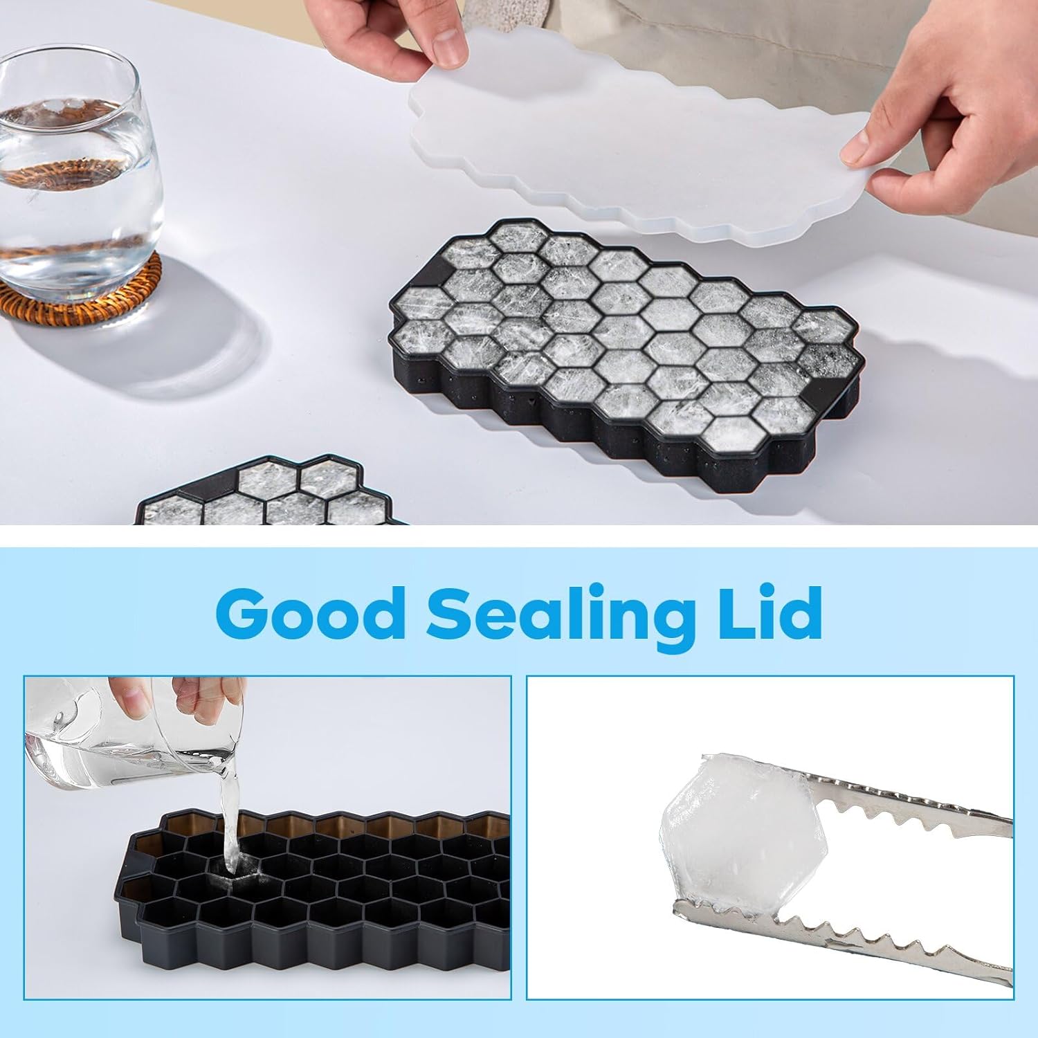 JIUFOXINO Ice Cube Tray Set with Lids | 3-Pack Silicone Honeycomb Ice Moulds | Easy Release & BPA Free - Image 4