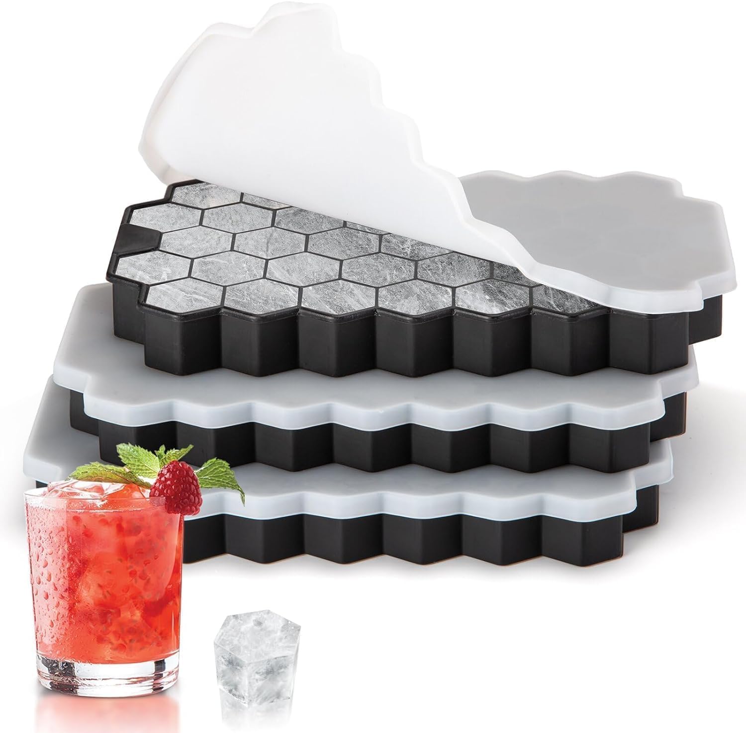 JIUFOXINO Ice Cube Tray Set with Lids | 3-Pack Silicone Honeycomb Ice Moulds | Easy Release & BPA Free - Image 5